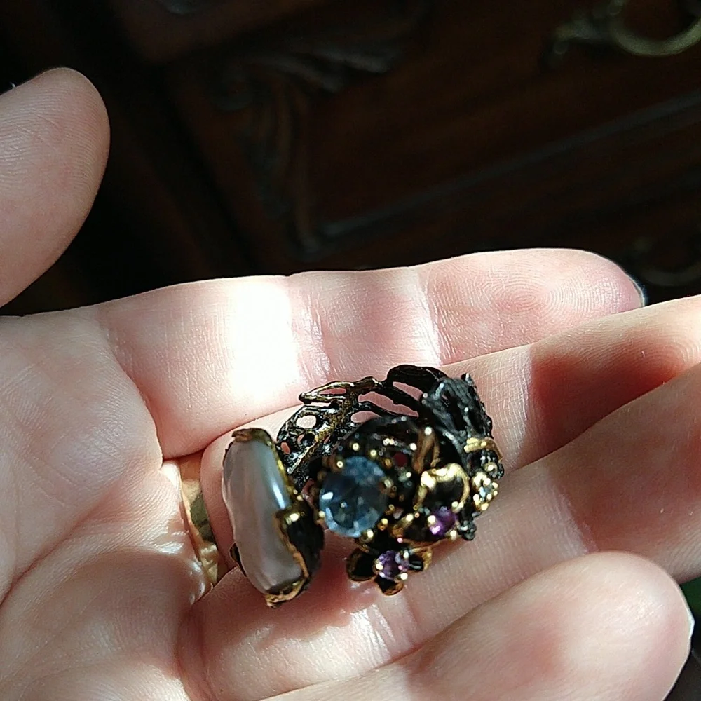 14k gold dipped 925 sterling silver oxidized coin pearl amethyst blue topaz ring - Picture 11 of 13